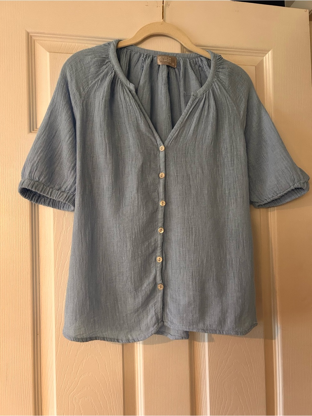 Heroes & Dreamers Top Light Blue Button-Front Women’s Blouse — Soft Gauze Top